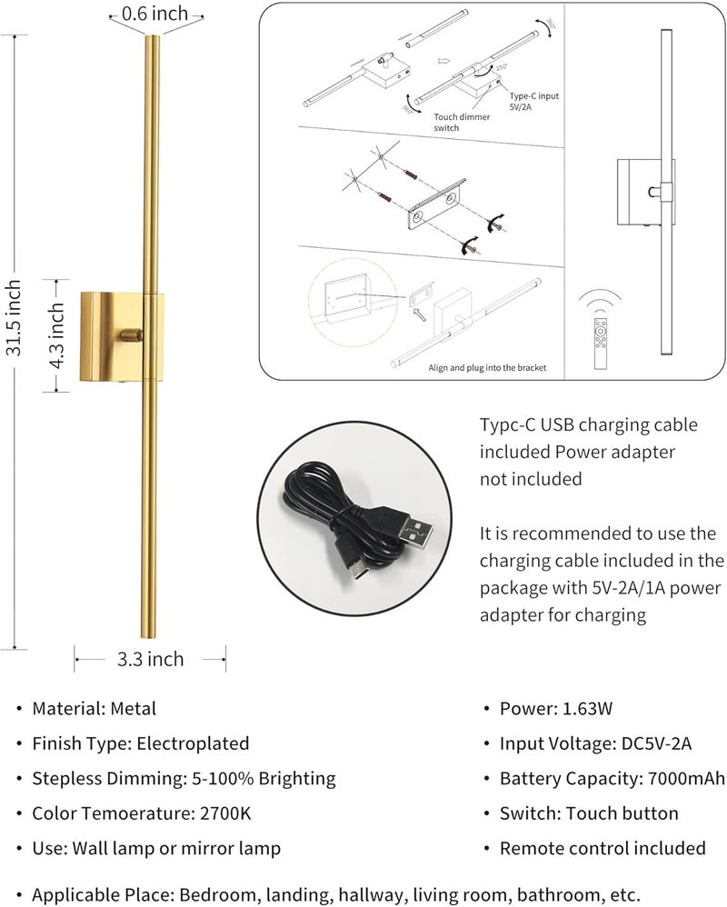 KDG Cordless Wall Sconces Set of 2, Wireless 5200mAh Rechargeable Battery Operated LED Wall Lamps with Remote, 360° Rotate Lightings for Wall Painting, Bedroom, Hallway, Night Light 31.5 inch (Gold) - Image 4
